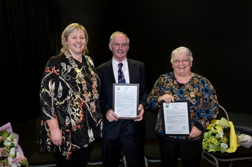 Mayor of Central Hawke's Bay with award winners Lynn Cross and Pauline Mackie
